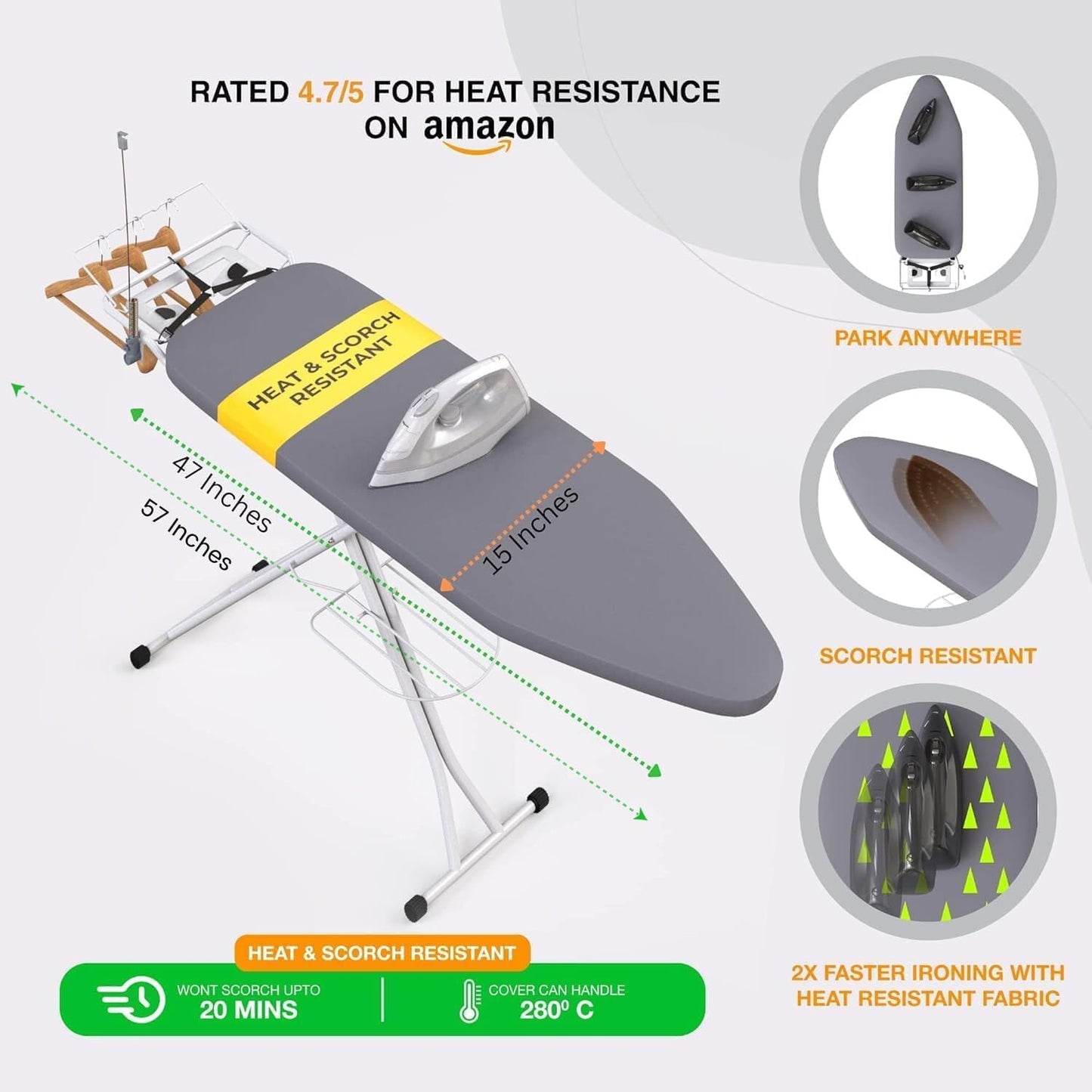 Xabitat Full-Size Ironing Board - 57" X 15" with Wall Mount Hanger & Built-In Iron Caddy