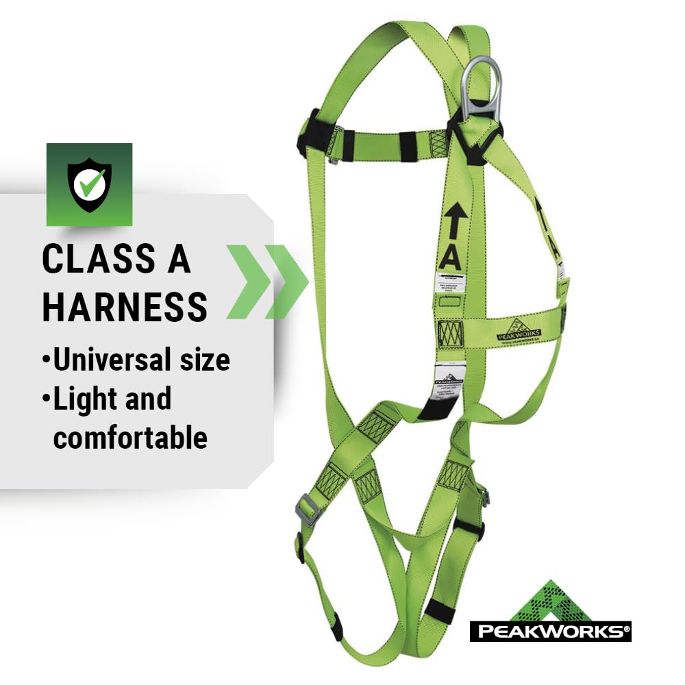 Peakworks OSHA Compliant, Fall Protection Roofer's Kit, Safety Harness (Universal Fit), Rope Grab, 25' Vertical Lifeline, and Reusable Roof Bracket, White/Green, V8257272