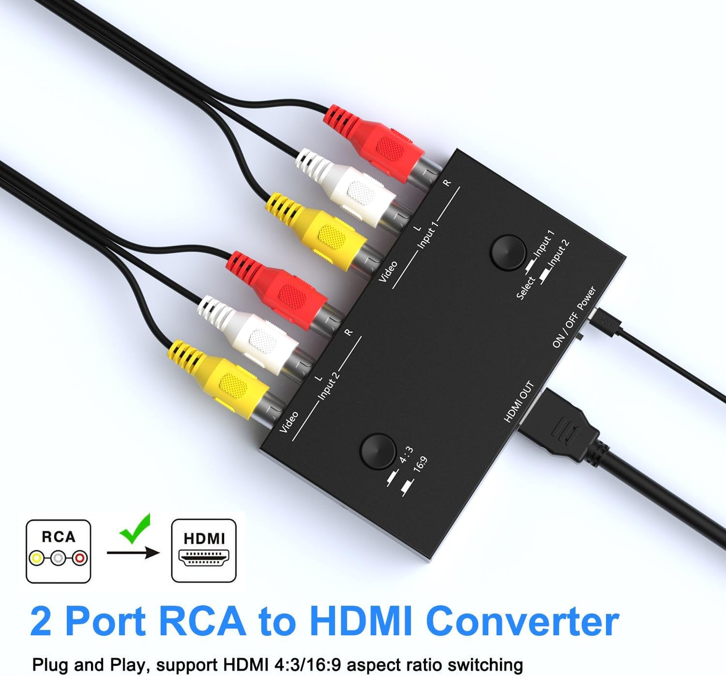 RuiPuo 2 16:9/4:3 WII/N64/PS1/PS2/PS3/VHS/VCR/DVD etc(2 1 Port RCA/AV to HDMI Converter Adapter Support for Players AV