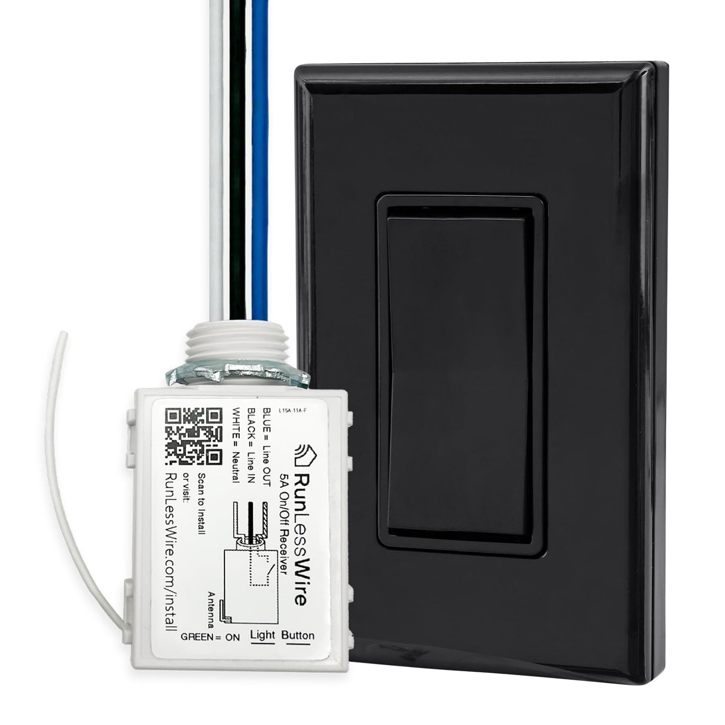 RunLessWire Single Pole Battery-Free DIY Wireless Light Switch Kit 150ft RF Range Self-Powered by Kinetic Energy for Fixtures & Outlets : 1 Remote Switch Controls 1 5A On/Off Receiver Black