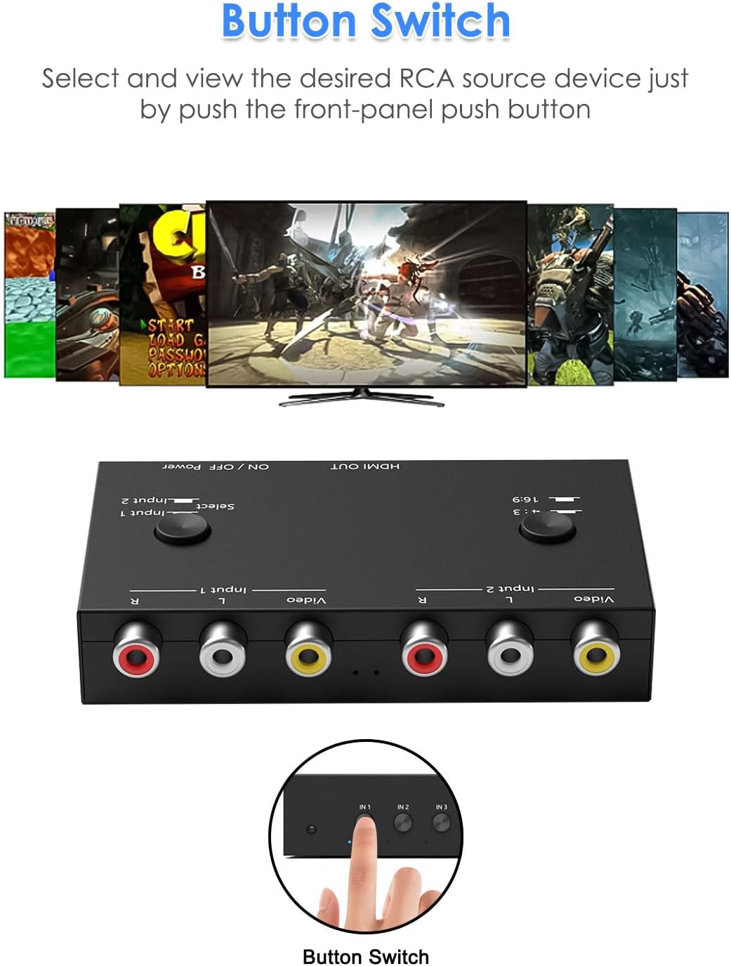 2 16:9/4:3 1080P Sega/Xbox/PS1/PS2/PS3/WII/N64/VHS, Port RCA to HDMI Converter, Dual AV to HDMI Converter Supports