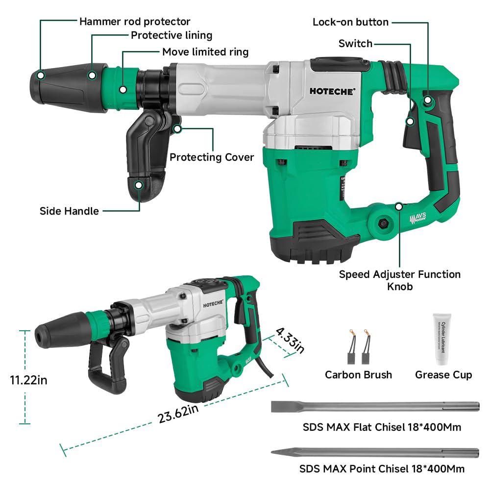 Hoteche 1500W SDS Max Electric Demolition Jack Hammer for Concrete Drilling with Drill Bit, Chisel and Carrying Case