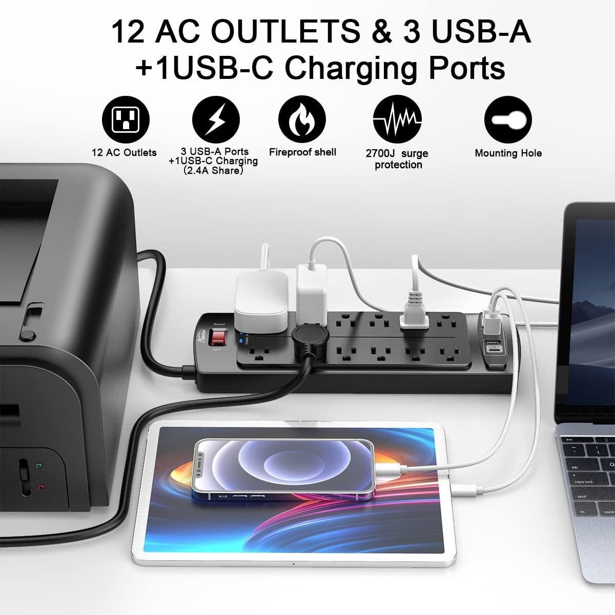 Alestor 12 4 6 (1875W/15A), 2700 Power Strip, Surge Protector with Outlets and USB Ports, Feet Extension Cord Joules
