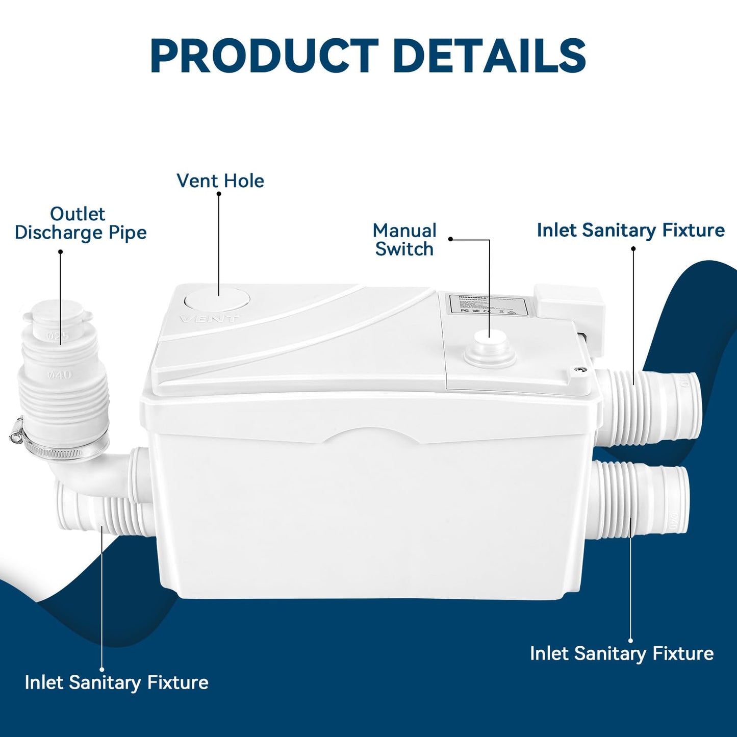 500W Utility Sink Pump with PCB Function Upgrade Structure Upflush to 23FT 1600GPH Under Sink Pump with 3 Water Inlets 1 Outlet Macerating Toilet System for Sink Shower Urinal Kitchen Basement