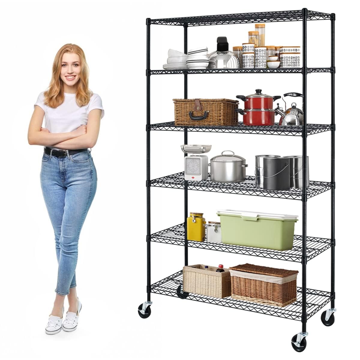 Meet perfect 6-Tier Wire Shelving Unit with Wheels, 72" H x 48" W x 18" D Heavy Duty Metal Shelf, 6000LBS Capacity Adjustable Utility Storage Rack for Garage Pantry Kitchen Warehouse