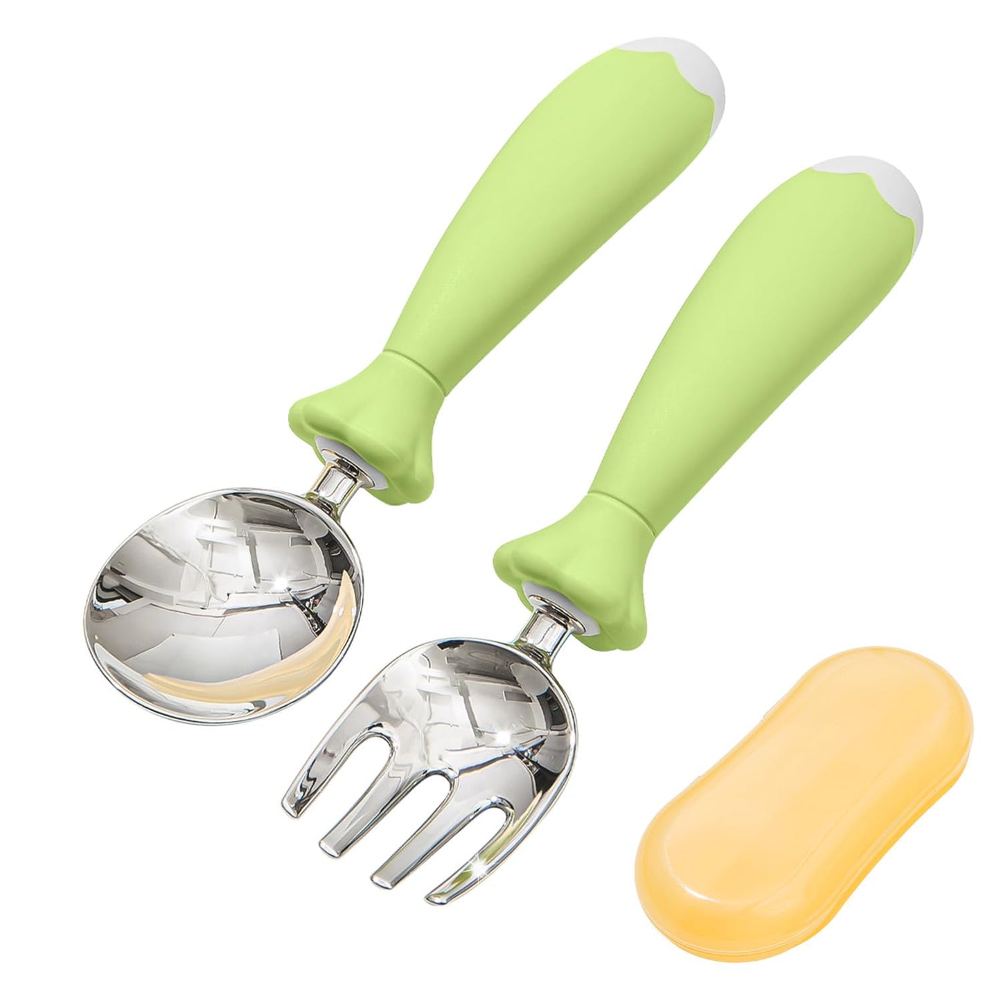 KINGSTONE Toddler Utensils with Case, Kids Silverware Set with Silicone Handles, 18/10 Stainless Steel Children Safe Forks and Spoons, Travel Carrying Cases BPA Free, Dishwasher Safe (green)