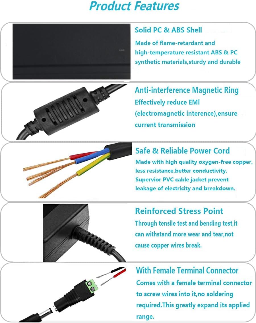 MTYTOT 12V 8A 96W 100V-240V 12 5.5mm x2.5mm/2.1mm DC Power Supply Adapter, AC to DC Volt Transformer, AC/DC Converter