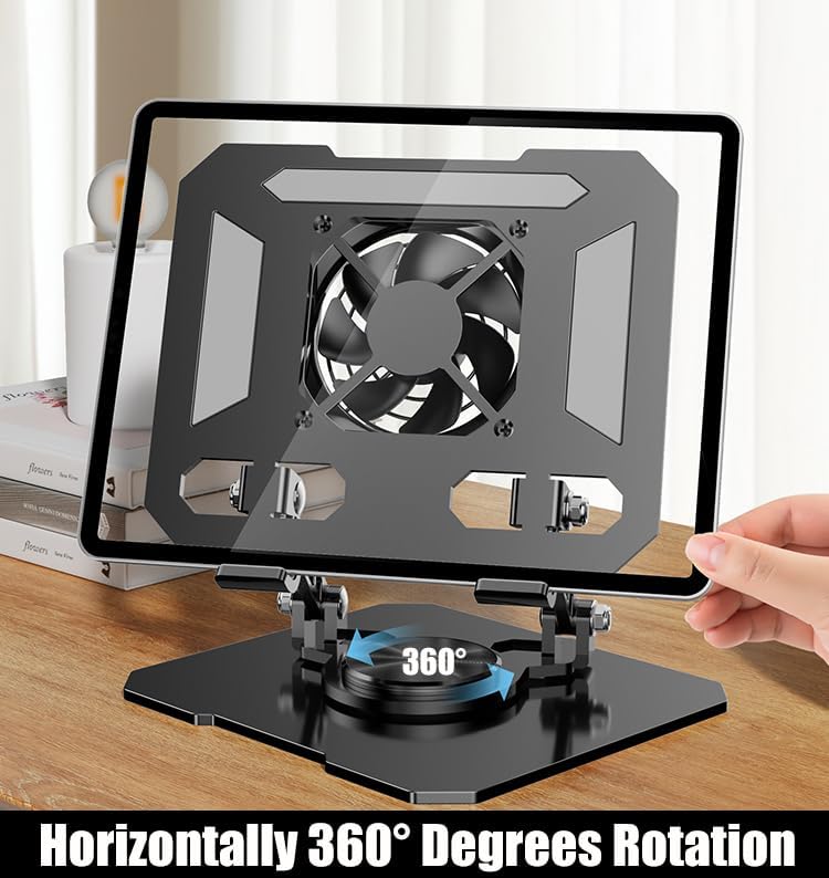 Mikirini 360 13 12 11 5 4 3 Rotating Tablet Desk Stand Holder with USB CoolerCarbon Steel Frame Dual Rod Mount Support