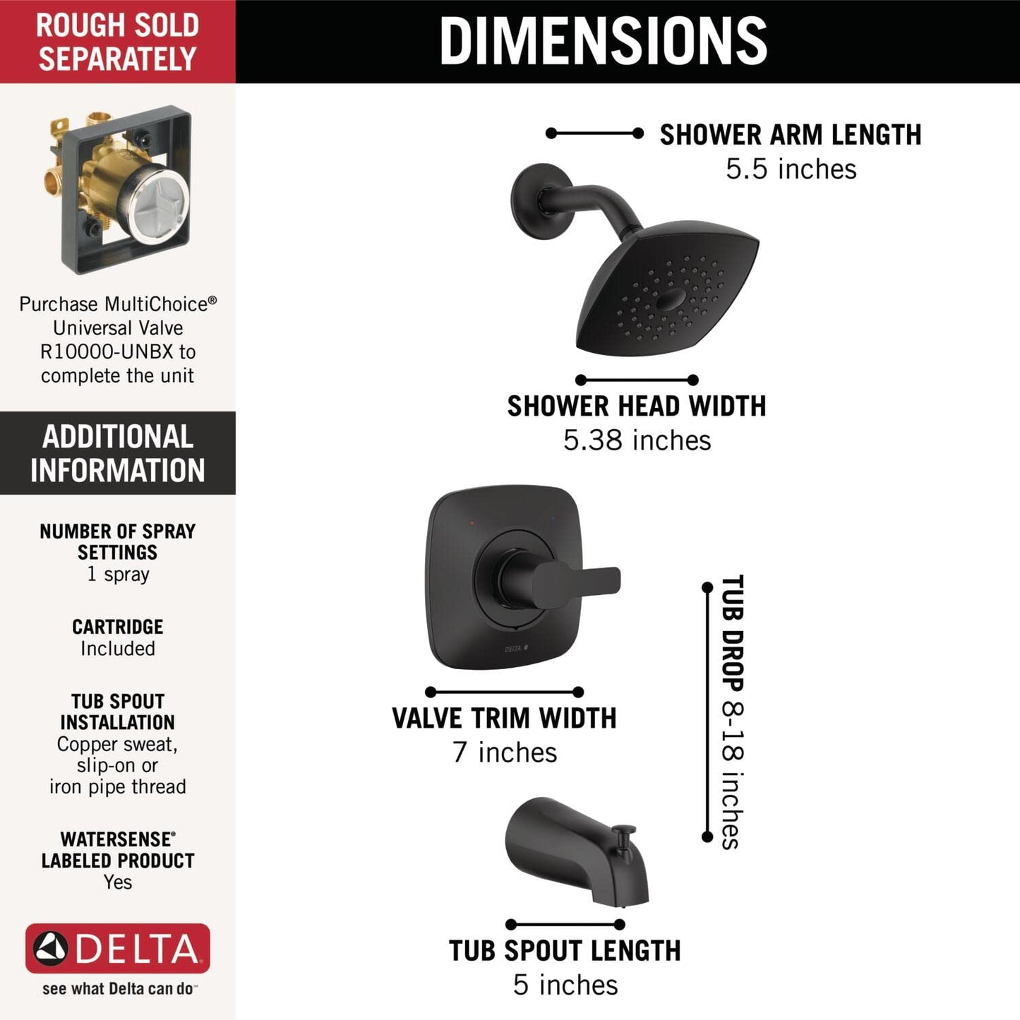 Delta Faucet Modern 14 Series Matte Black Shower Faucet, Tub and Shower Trim Kit with Single-Spray Touch-Clean Black Shower Head, Matte Black T144339-BL-PP (Valve Not Included)