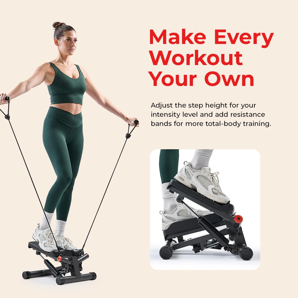 Sunny Health & Fitness Smart Twist Stepper with Resistance Bands, Bluetooth App Connectivity, Adjustable Step Height, 300 LB Capacity, Compact Mini Stair Step Machine