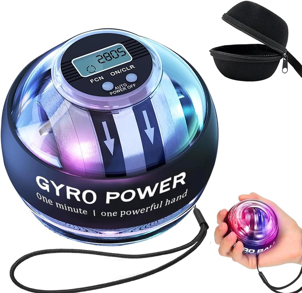 Wrist Power Gyro Ball with Counter, Curaball Torque Ball Hand Exerciser Grip Strength Trainer, Auto-Start Colorful LED Lighting