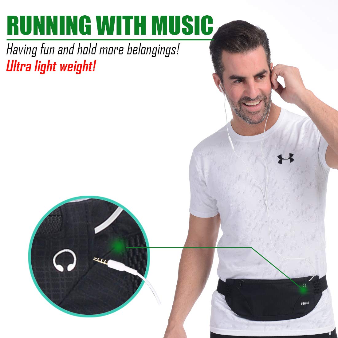 USHAKE Running Belt,Men or Women Ultra Light Bounce Free Waist Pouch Bag Fitness Workout Belt Sport Waist Pack Exercise Waist Bag for iPhone Samsung LG in Running Gym Marathon (BLACK)