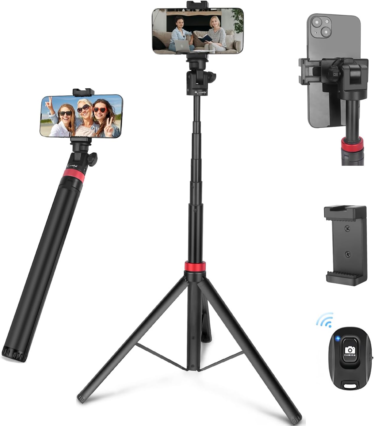 JEBUTU 1/4" Extendable Tripod Aluminum, Portable Adjustable Light Stand with Screw Phone Holder & Remote, Ball Head