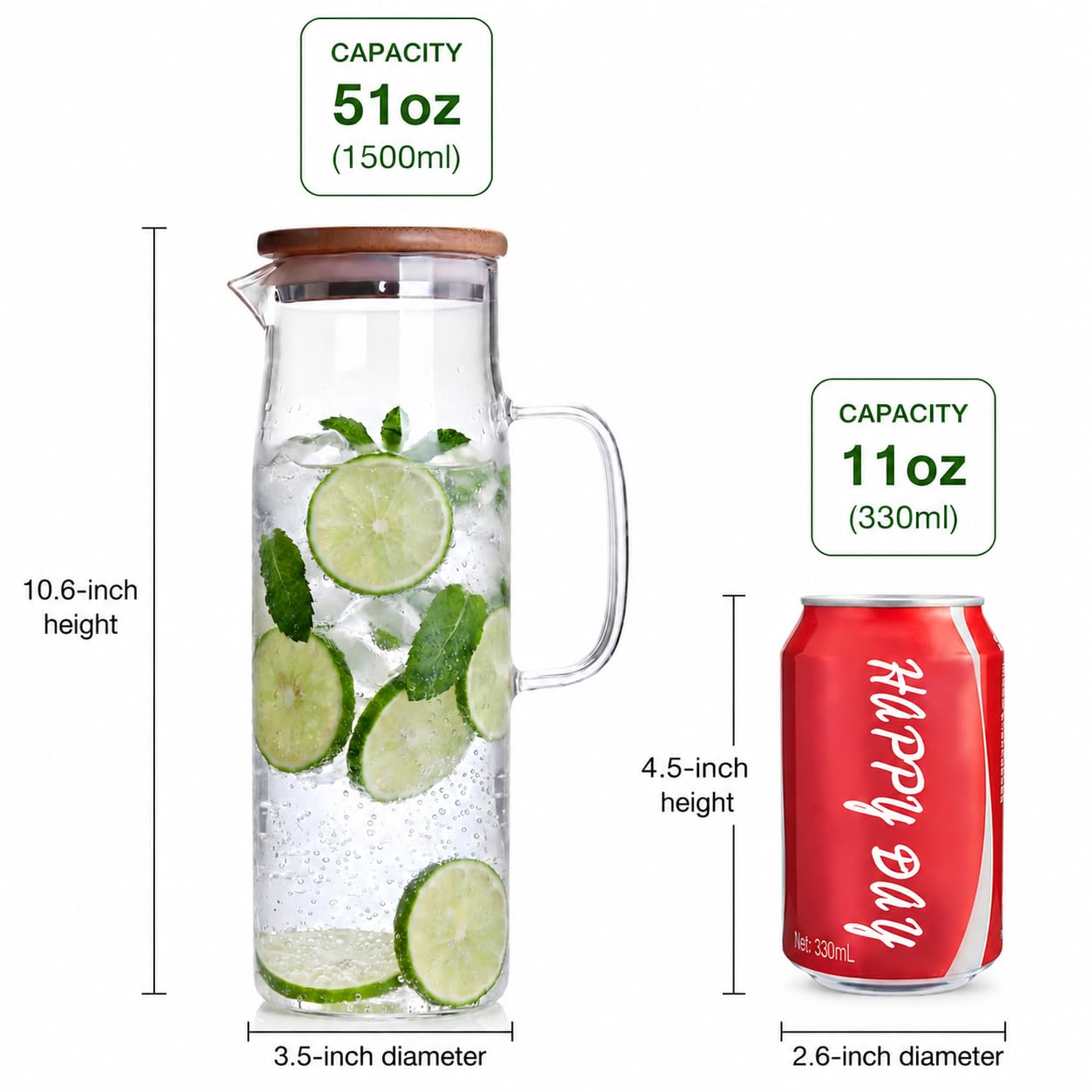 hjn Glass Pitcher with Lid Glass Water Carafe with Handle, Fridge Water Jug Cold or Hot Beverages, Iced Tea, Milk, Juice 1500ml/51oz &
