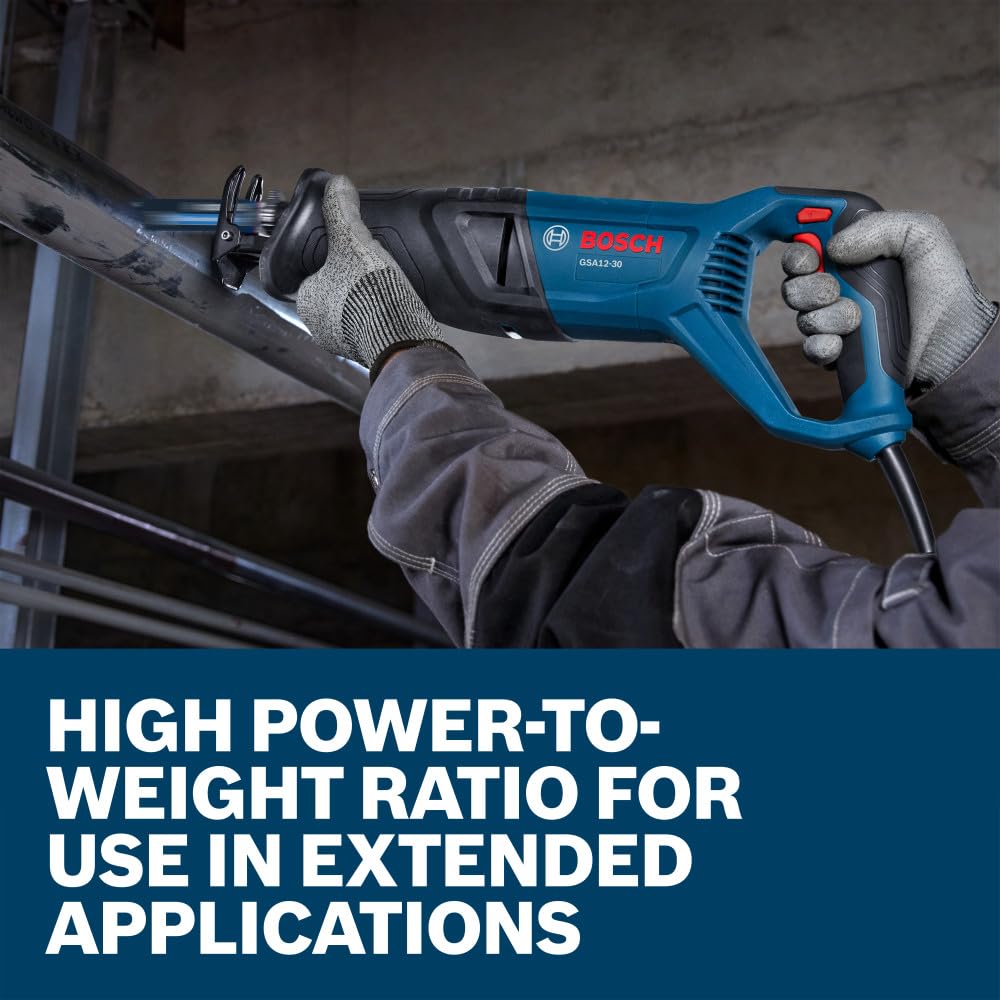 BOSCH GSA12-30 Corded Reciprocating Saw - 12 Amp Power, 1-3/16 In Stroke Length, Variable Speed Control, Tool-Free Blade Change, Lightweight Design for Easy Maneuverability (Bare Tool)