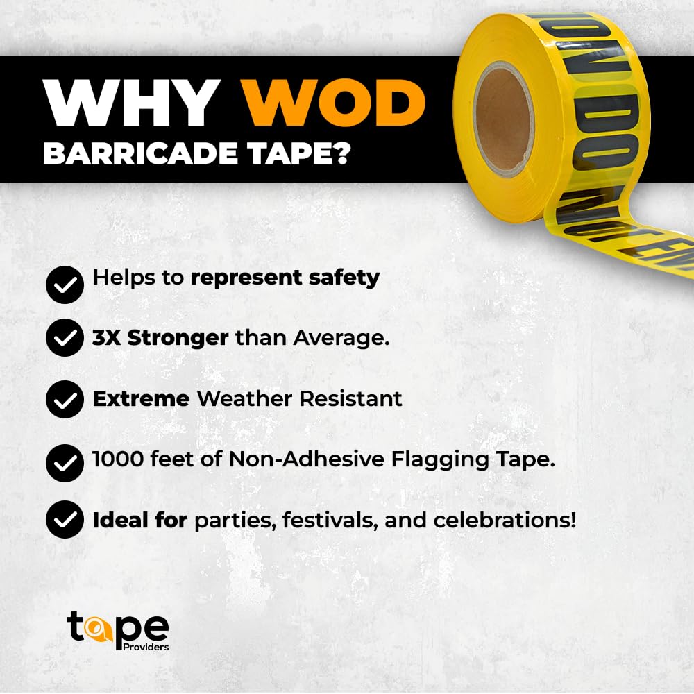 WOD BRC-RNP Barricade Caution Tape - 3 inch x 1000 feet (Bulk Case 8-Rolls) High Visibility Bright Red for Workplace Safety, Marking Boundaries & Hazardous Areas, Non-Adhesive & Heavy-Duty