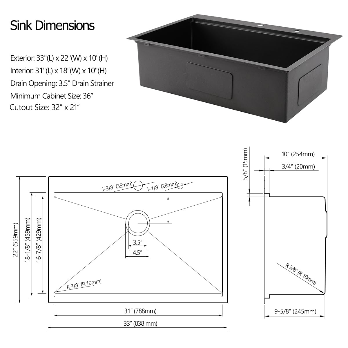 33 Drop In Black Workstation Kitchen Sink, Luckyhorse 33x22 Inches 16 Gauge Nano Black Stainless Steel Sink Topmount Workstation Single Bowl Kitchen Sink LH007SB