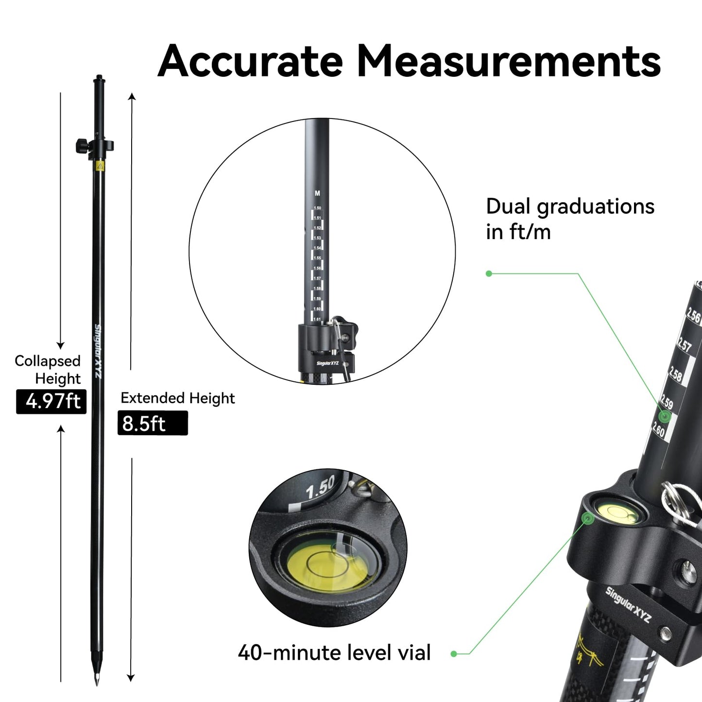 SingularXYZ Carbon Fiber & Aluminum GPS Pole – Telescopic 8.5ft/2.6m GPS Survey Pole with Screw Lock & Locking Pin, Metric-Feet Dual Scales, Bubble Level, Steel Point for RTK GNSS Surveying