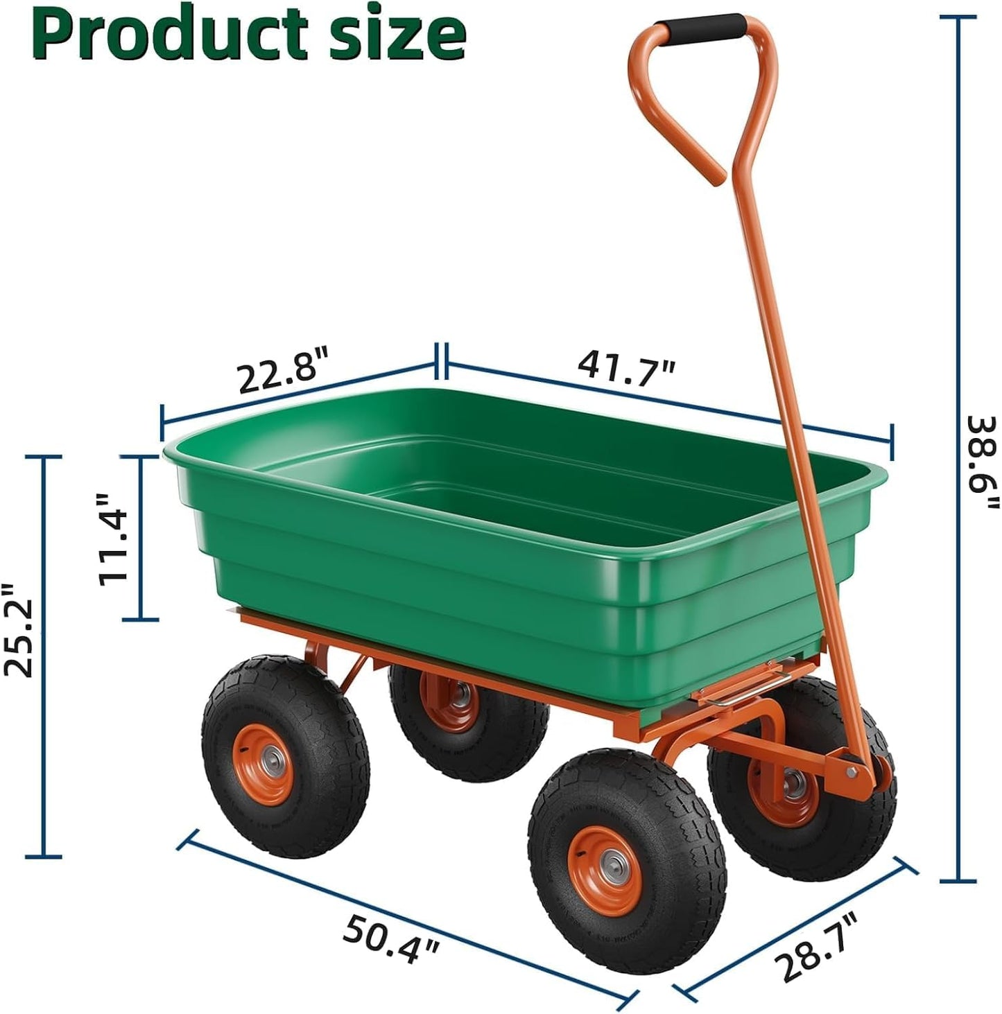 GlowSol Heavy Duty Garden Dump Cart - 1200 lbs Capacity Utility Wagon, 7 Cubic Feet - 180° Adjustable Handle, 13" All-Terrain Tires, Quick Release - Perfect for Yard, Lawn, Landscaping