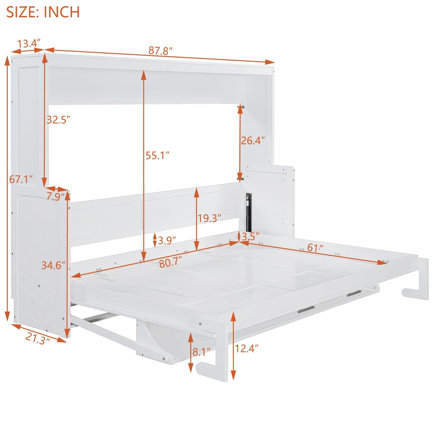 Ball & Cast Horizontal Murphy Bed Queen Size,Hidden Folding Wall Bed Frame with Hydraulic Lift&Desk,Wood Cabinet Platform Bed can be Folded into Desk,Space Saving for Bedroom,Guest Room,White