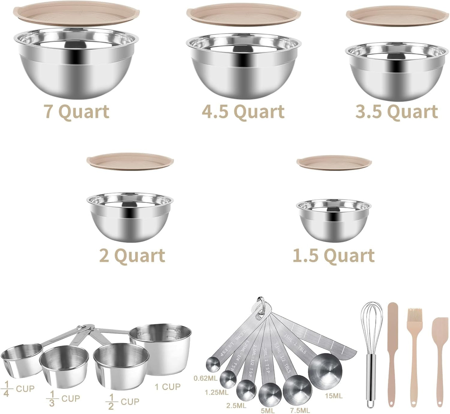 WEPSEN Mixing Bowls Set - 25PCS Stainless Steel Nesting Bowls with Lids | 7QT to 1.5QT for Cooking & Serving