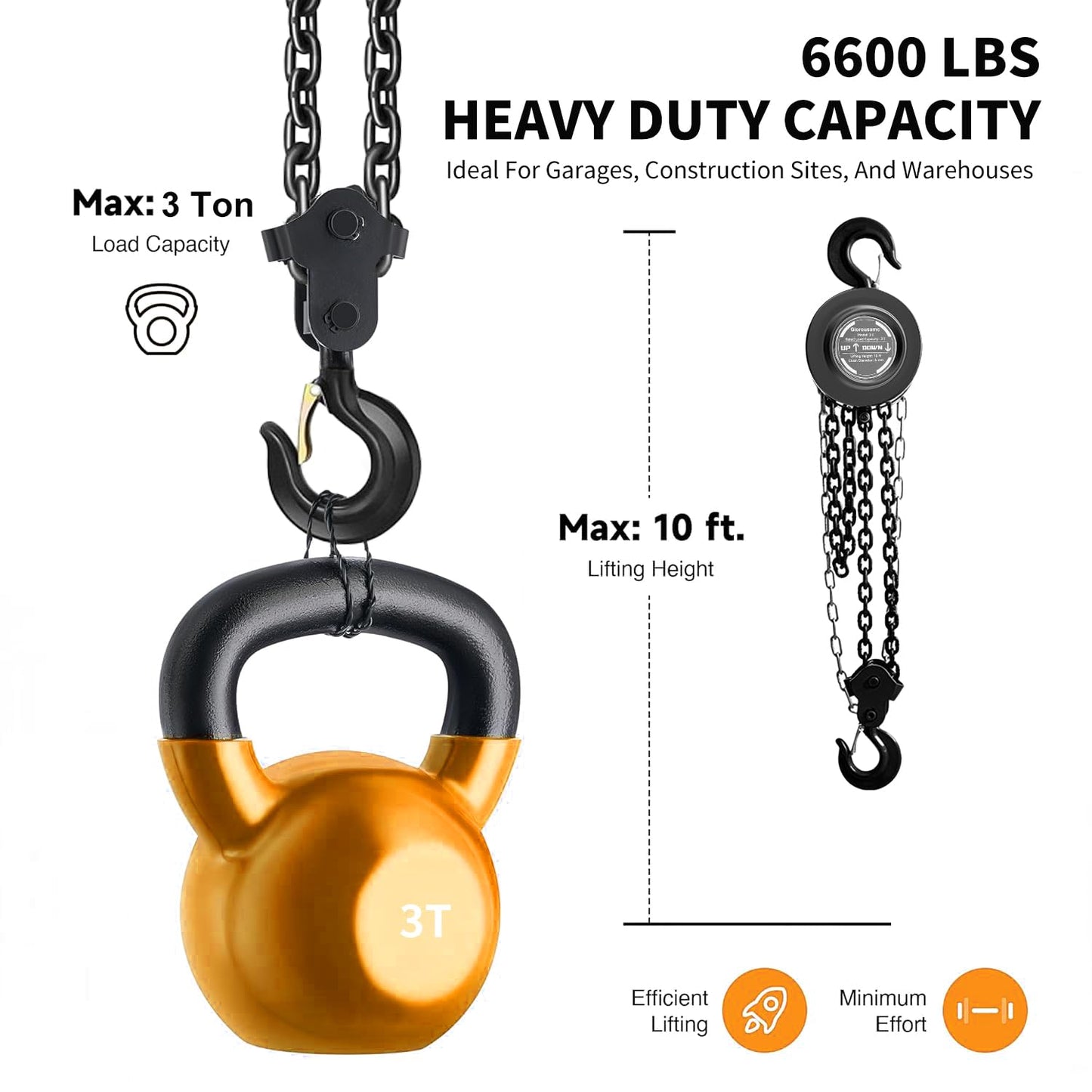Hand Chain Hoist 3 Ton 6600 Lbs Capacity 10 Feet with 2 Heavy Duty Hooks, Manual Chain Fall for Warehouse Building Automotive Machinery Black (Black, 3T) (Black, 3T-3M)