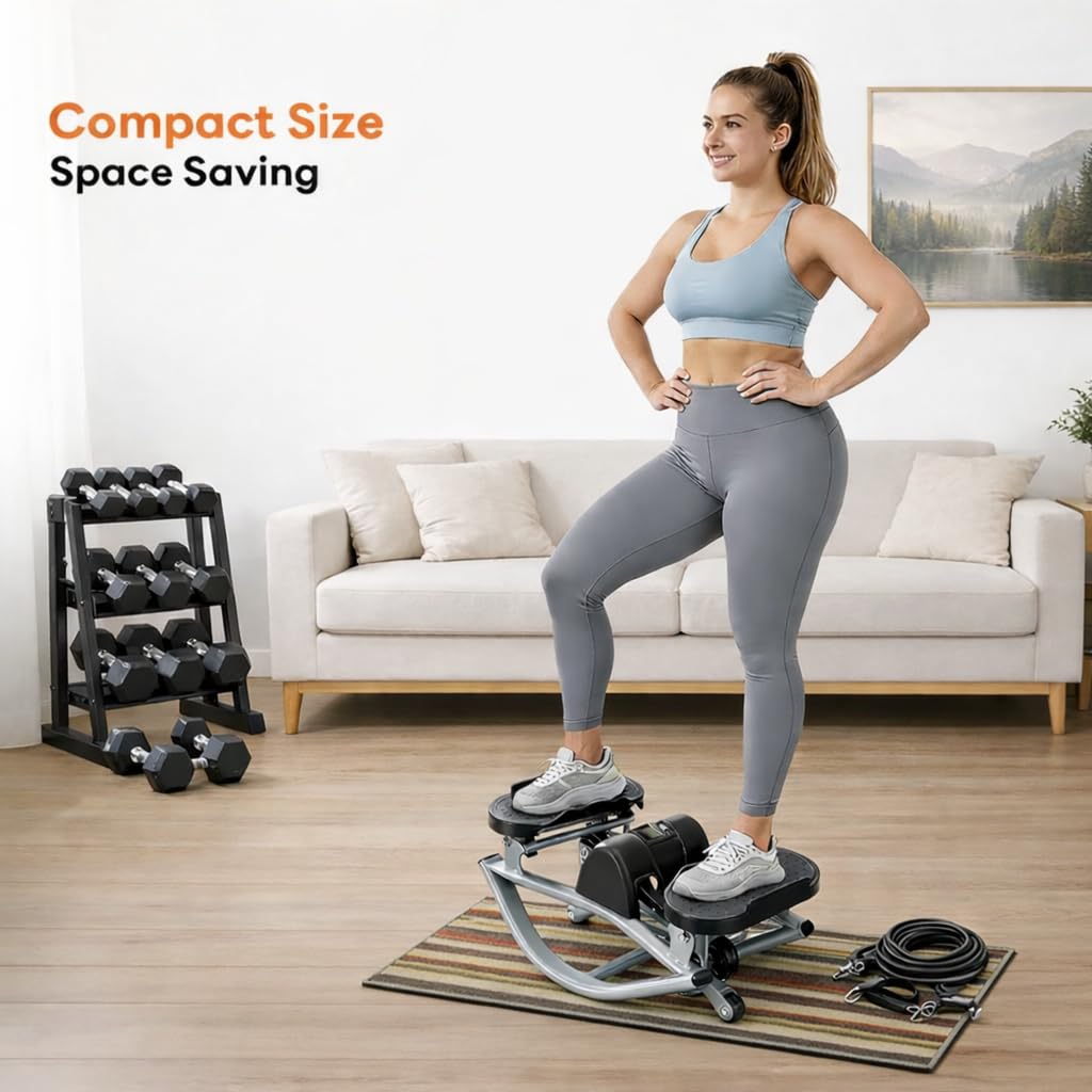 Side to Side Rock Stepper Machine with Resistance Bands & Exercise Mat, Lateral Fitness Stepper with Digital Display for Legs, Glutes & Core, Compact Low Impact Home Cardio Workout Equipment