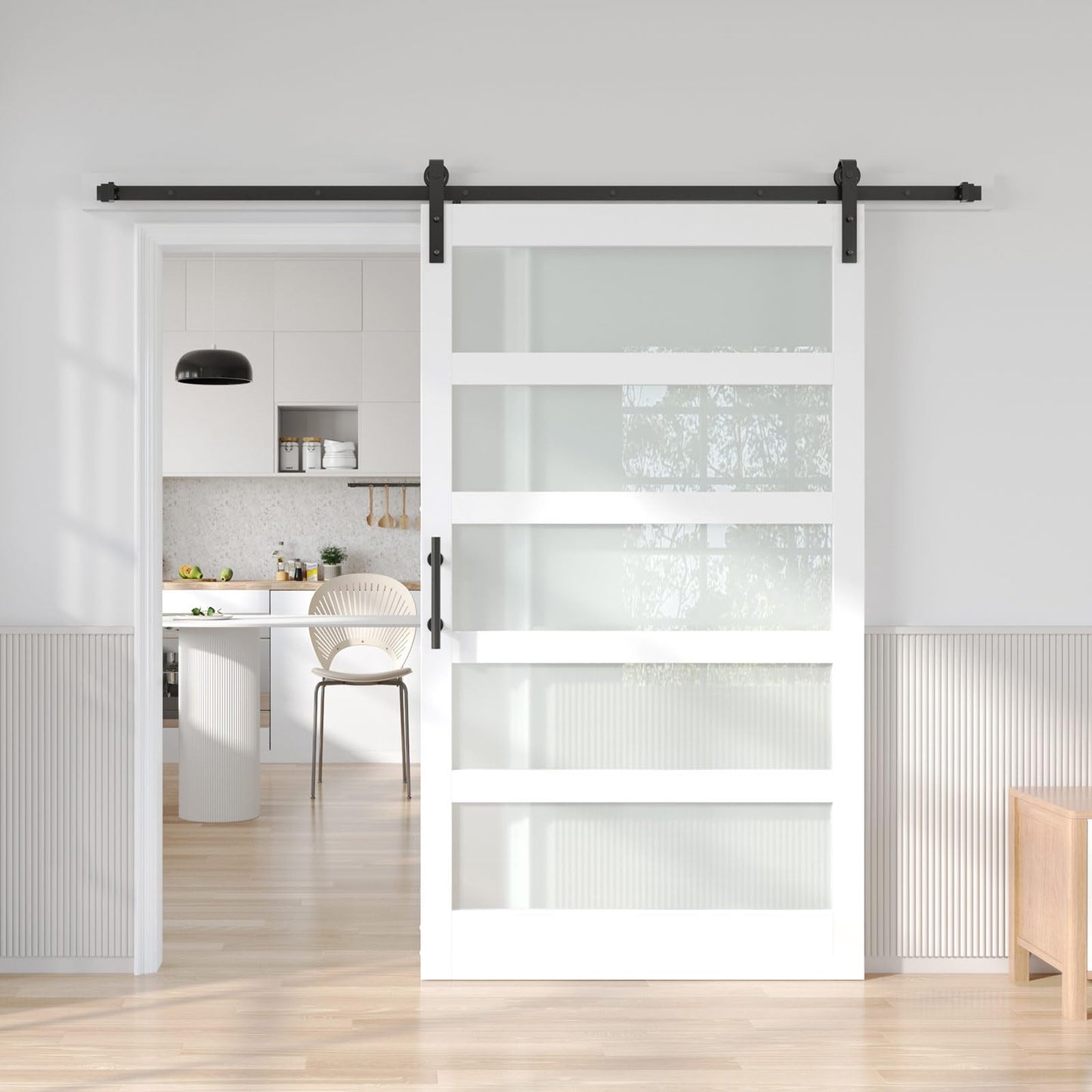 Fredbeck 48in x 84in White Glass Barn Door with 8FT 96inch Sliding Doors Hardware Kit Included & Handle,PVC Surface,Need to Assembly,Water-Proof