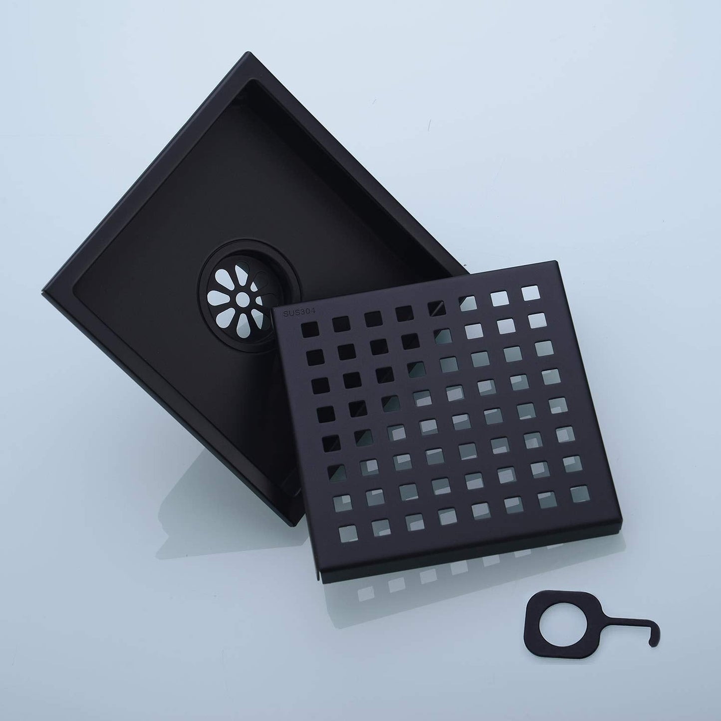 6 inch Stainless Steel Shower Floor Drain with Threaded Adapter, Removable Grid Cover, Black