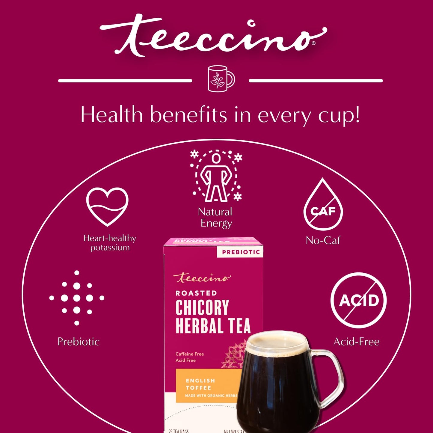 Teeccino English Toffee Herbal Tea - 25 Tea Bags - Rich & Roasted Herbal Tea That’s Caffeine Free & Prebiotic For Natural Energy & Good Digestion, 3 X More Herbs In Each Tea Bag