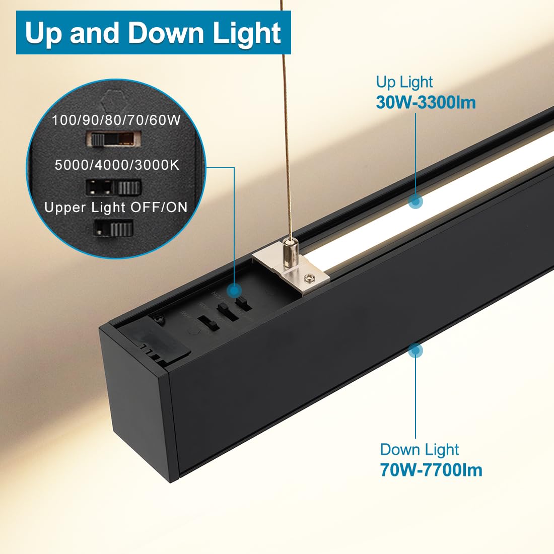 Xbuyee 8FT Linkable LED Linear Light, 100/90/80/70/60W Adjustable, 3000K/4000K/5000K Selectable Linear Lighting Fixture, 0-10V Dimmable Architectural Hanging Office Shop Light for Retails, ETL 2Pack