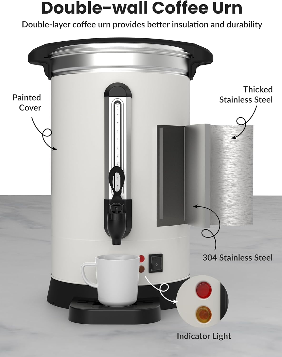 ExploreHorizon 12L/3.2Gallon Large Commercial Coffee Pot,80 Cups Coffee Urn Stainless Steel Electric Coffee Maker,Double Wall Hot Beverage & Water Dispenser Quick Brew Dispenser