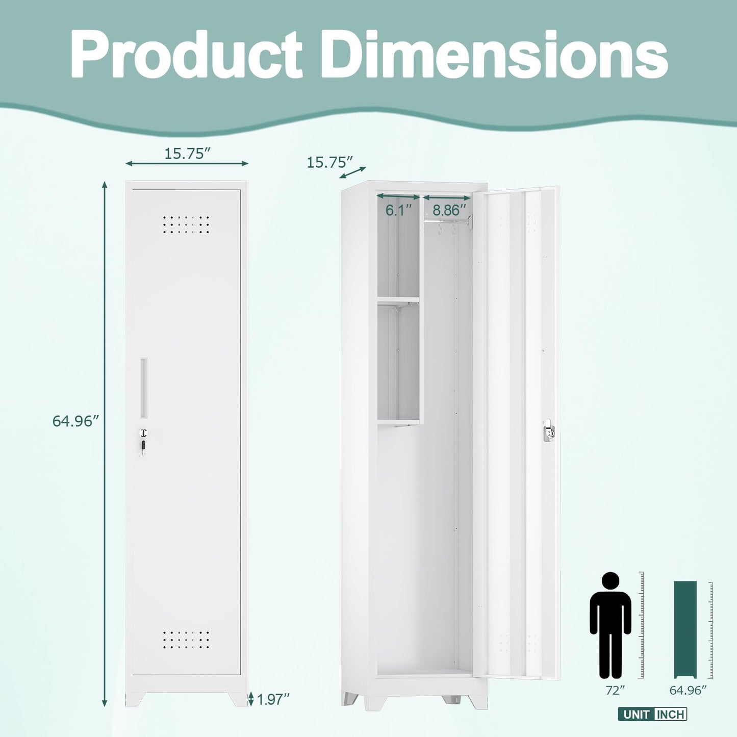STEELIST Slim Broom Storage Cabinets, Metal Cabinet with Shelves and Hanging Rod, 15.75" W Utility Storage Cabinet with Locking Door, Slim Cabinet for Small Spaces, Kitchen, Pantry, Office, Shop