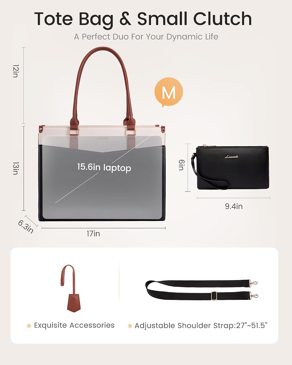 2-in-1 LOVEVOOK Laptop Bag for Women, Tote Purse with Clutch & Cup Holder, Waterproof Briefcase for Work Travel