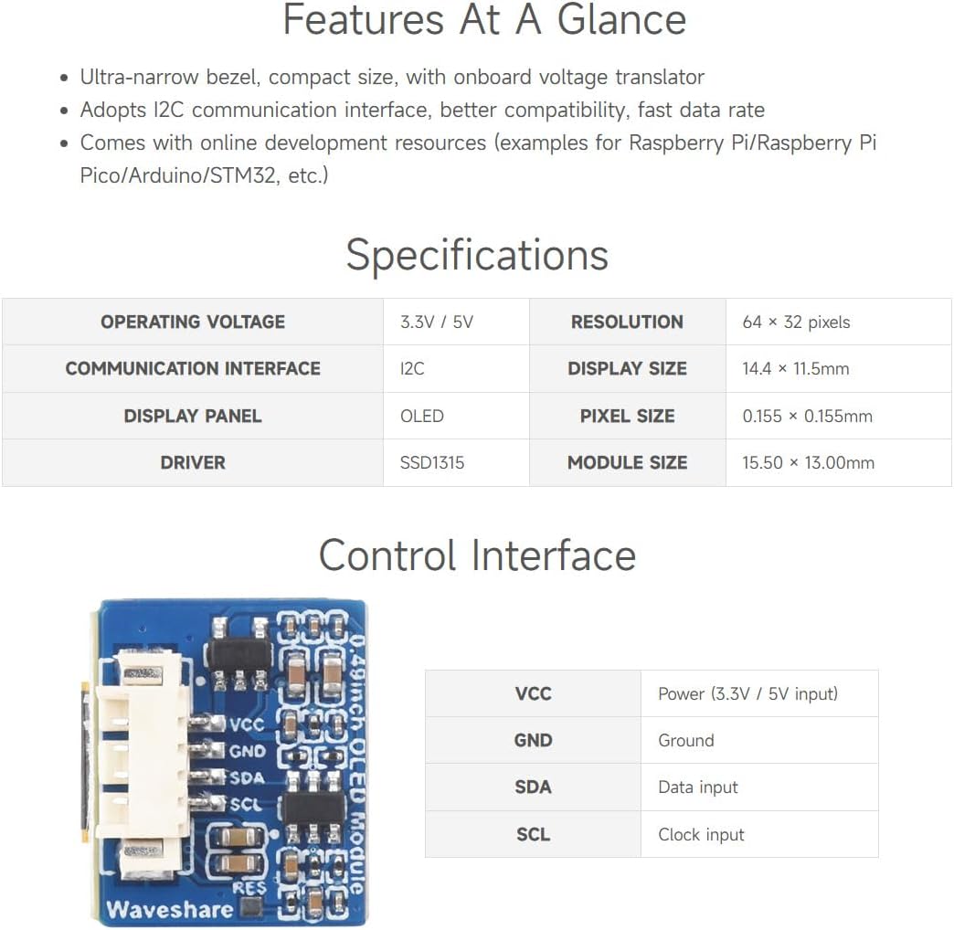 0.49inch 5, 6432 I2C Communication, Waveshare OLED Display Module, Compatible with Raspberry Pi Resolution, Black/White
