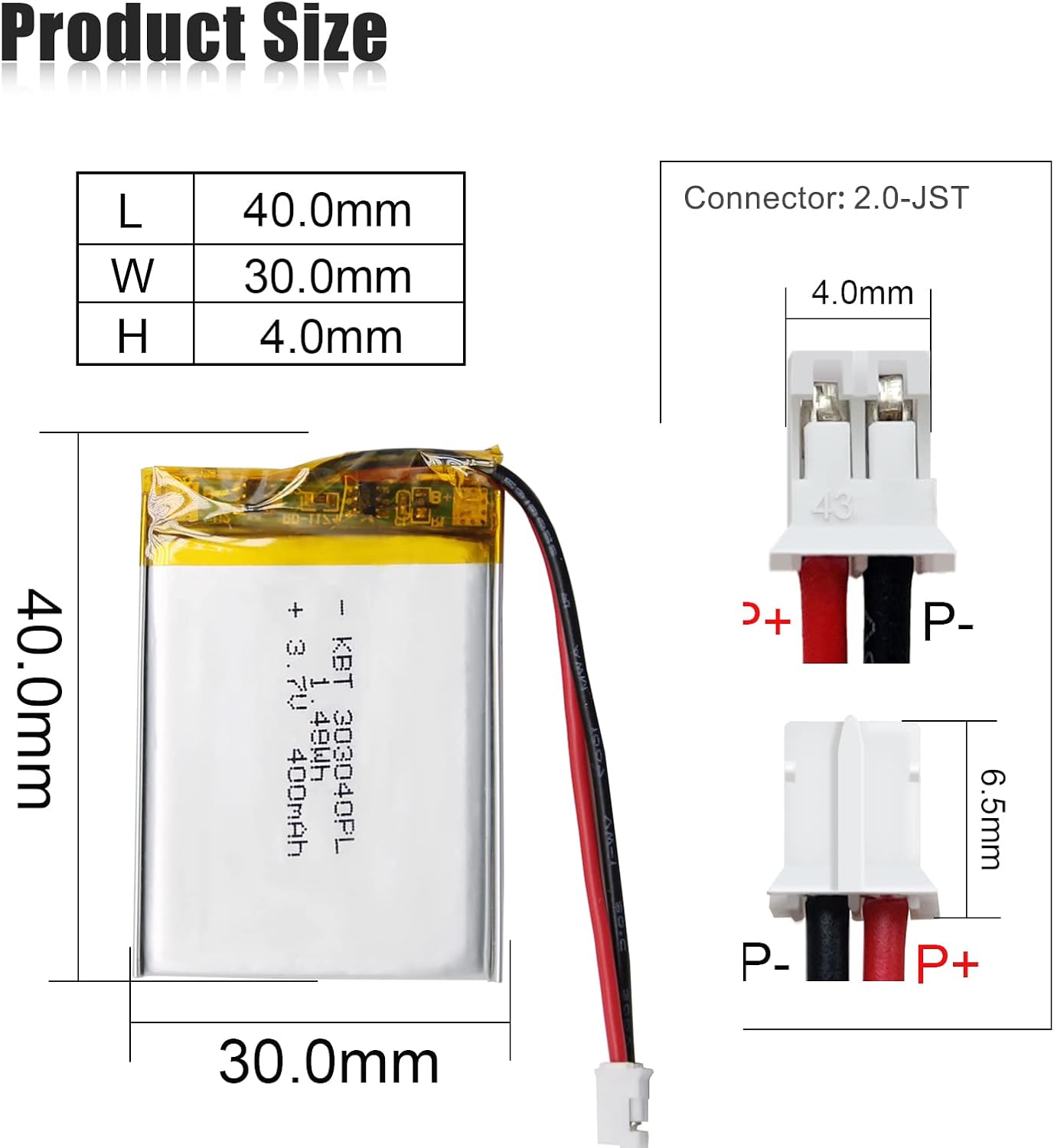 KBT KEEP BETTER TECH 3.7V 400mAh 303040 2.0 KBT Li-Polymer Battery: Rechargeable Lithium-ion Batteries Replacement