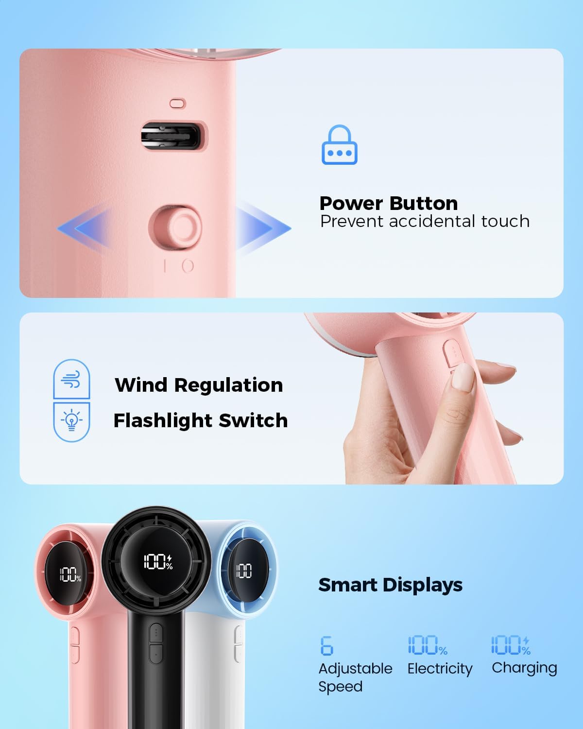 Sweetfull Portable Handheld Fan - Rechargeable Mini Turbo Fan with Flashlight & Digital Display | Pink