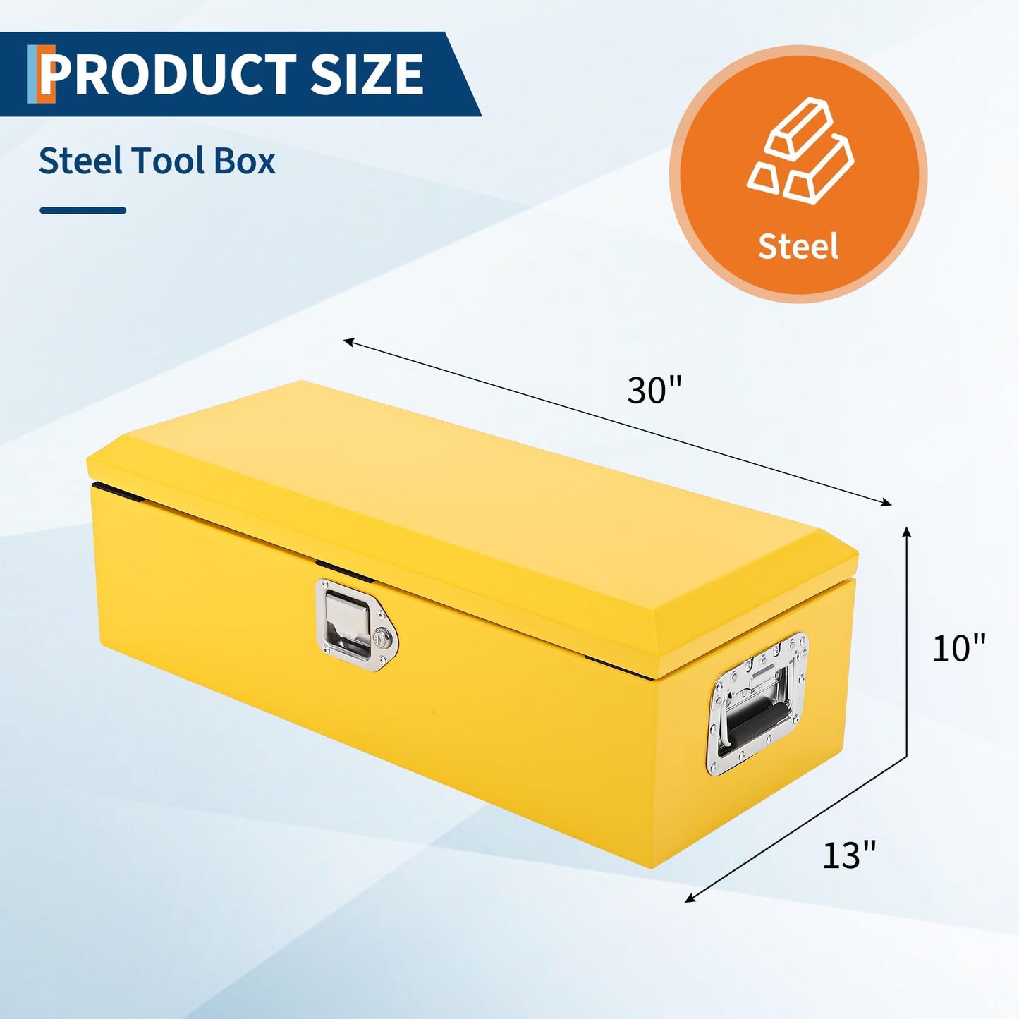 Heavy Duty Steel Truck Bed Tool Box, Powder-Coated Diamond Plate Storage Chest with Side Handle & Lock, Durable Metal Toolbox Organizer for Pickup, RV, Trailer, Mechanic or Workshop - 30X13X10 in