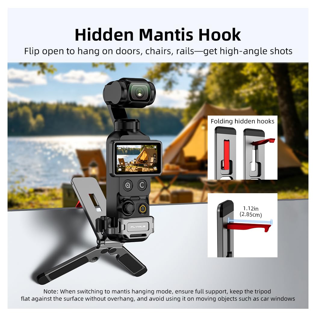 Magnetic Foldable Tripod for DJI Osmo Pocket 4/3 Accessories, Adjustable Aluminum Alloy Expansion Stand with Hidden Mantis Hook, Cold Shoe and 1/4" Screw Holes, Desktop Handheld Hanging Vlog Mount