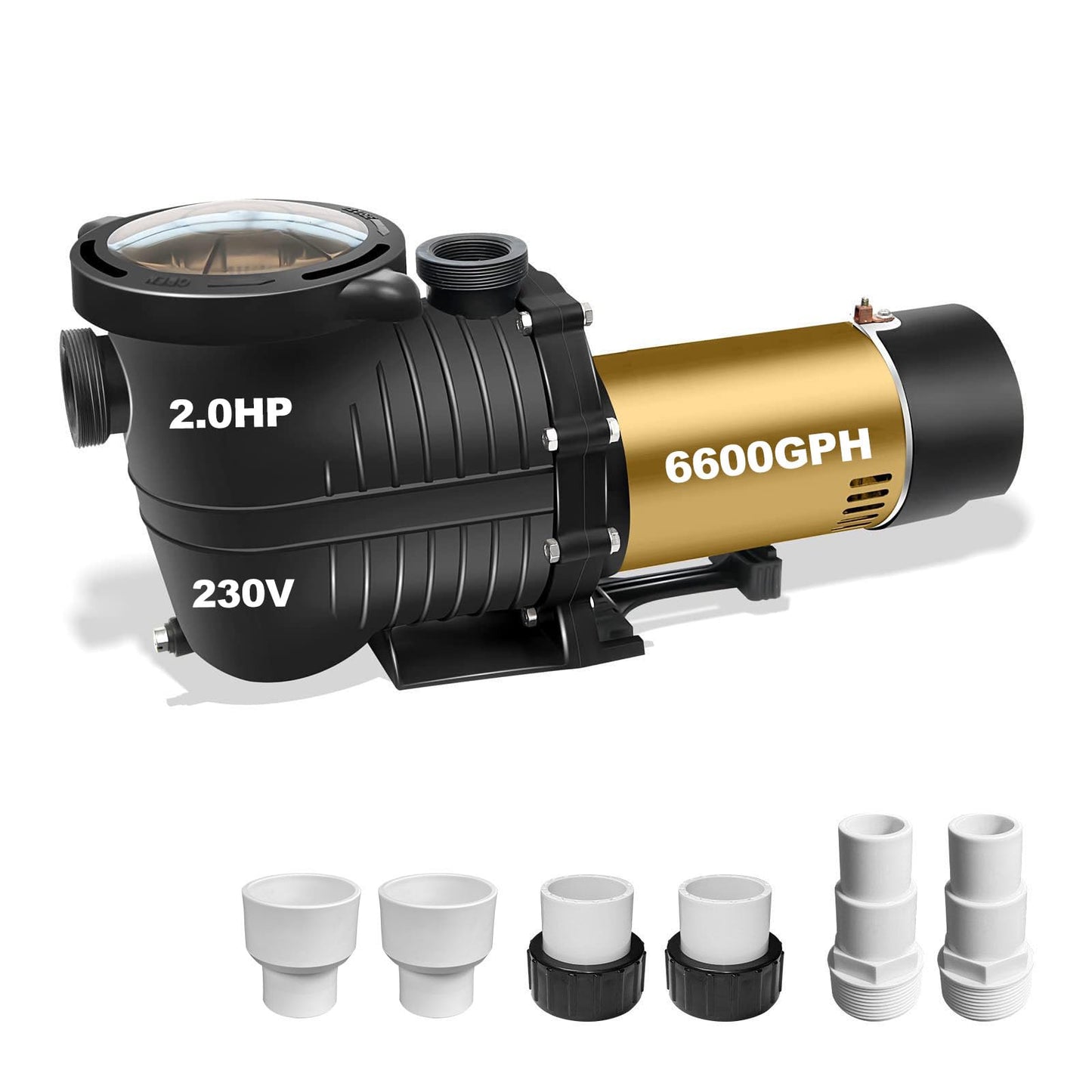 2.0HP Two Speed Energy Saving Pool Pump for In/Above Ground Pools - 230Vac 6600/2640GPH - Swimming Pool Motor with 1.25" & 1.5" & 2.0" pipe adapters - Centrifugal pumps