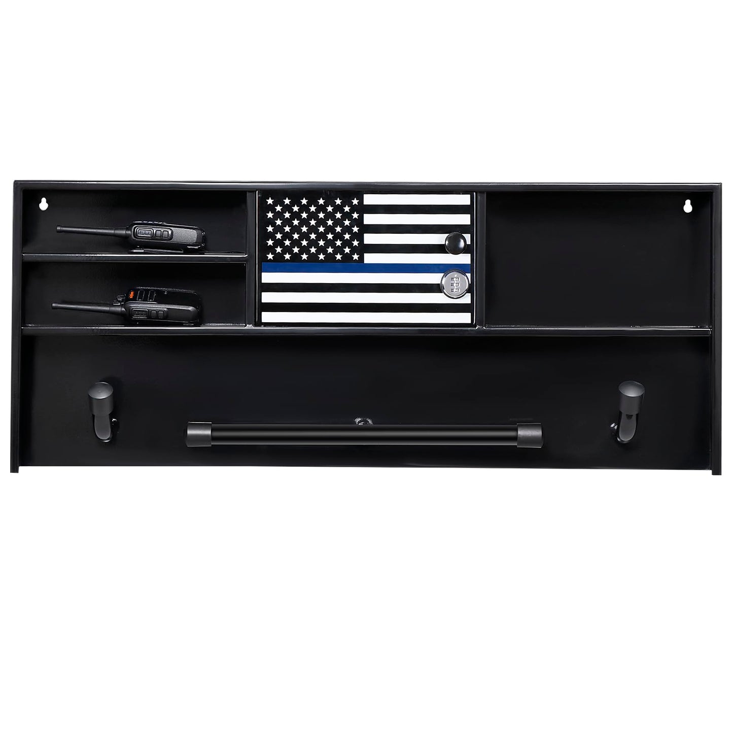 BUYYAH Wall Mounted Police Gear Rack, All Iron Frame with Gun Storage, Combination Lock, Tactical Duty Gear Rack for Home, Office, Police Gift Decor with Flag, Black