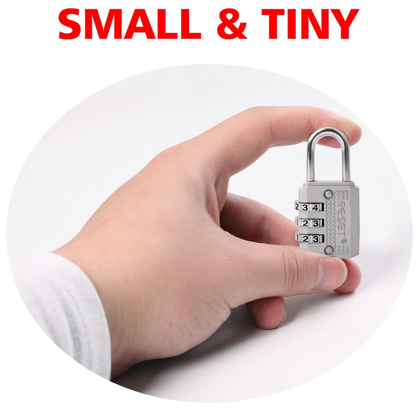 RESET-071 Mini Combination Lock, Small 3 Digit Padlock for Gym Locker, Travel Luggage Lock, Resettable No Key Lock for Backpack, Zipper, Suitcase, Sliver, 2 Pack
