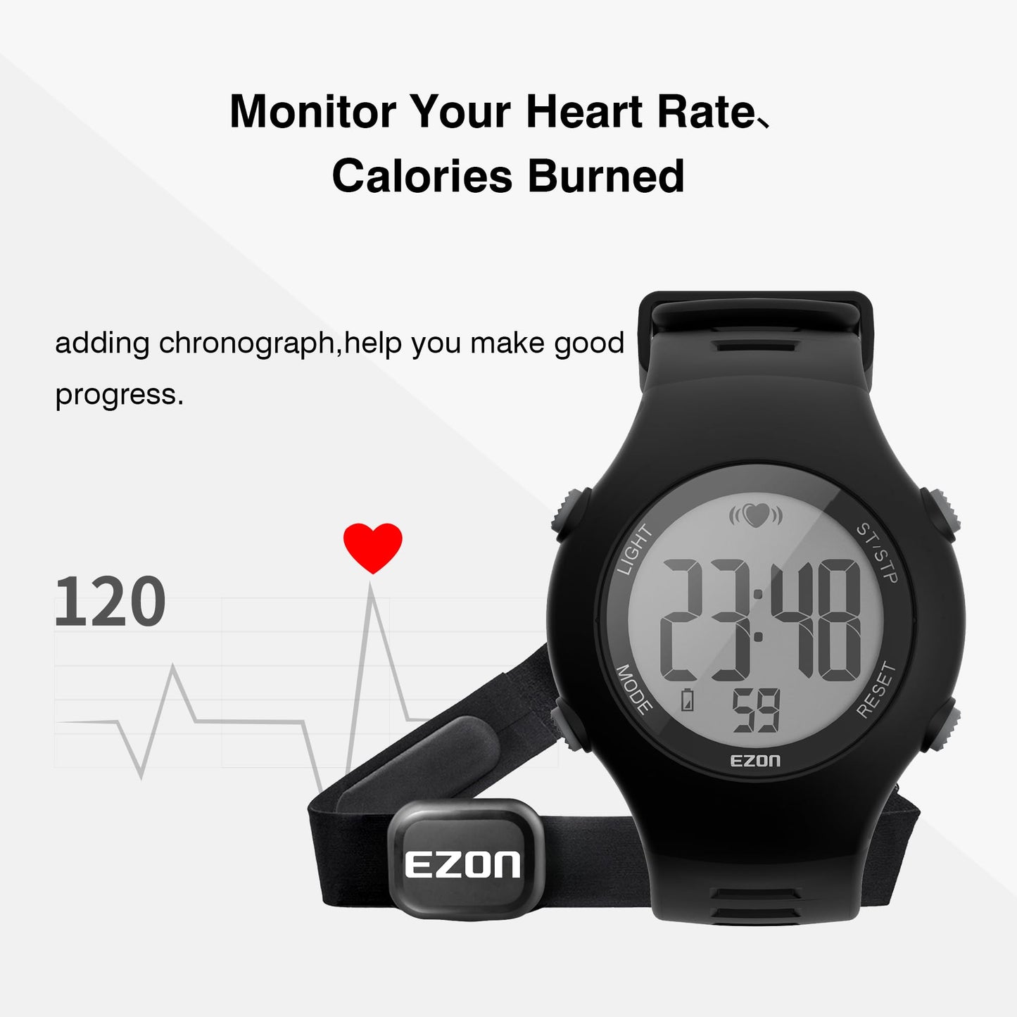 EZON Heart Rate Monitor Chest Strap and Digital Watch,5ATM Waterproof Fitness Tracker with HRM,Calories Burned,Stopwatch and Hourly Chime - Ideal Fitness Presents for Men and Women (Black)