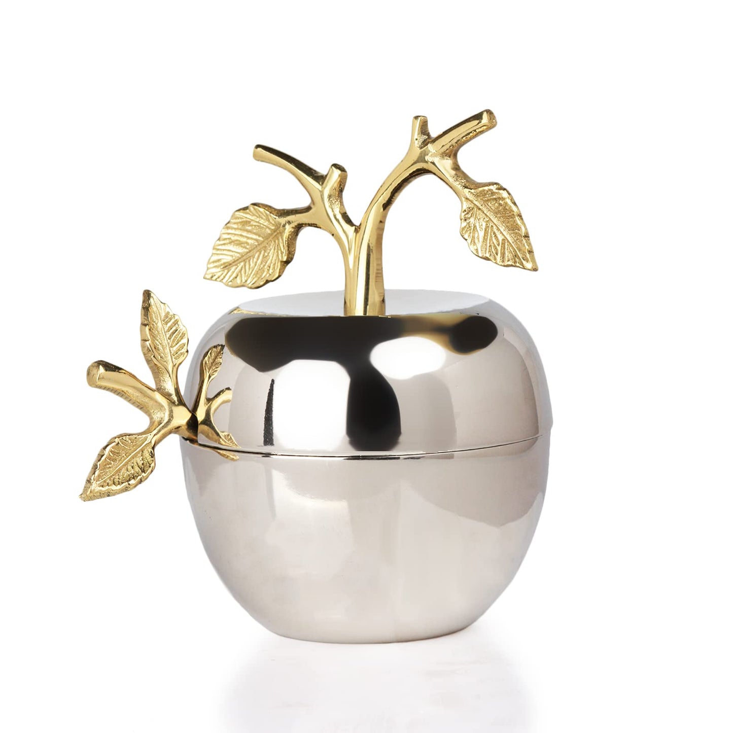Silver Honey Jar Dish, Apple & Leaf Honey, Jam Server with Dipper Spoon Ideal for Serving Honey, Jams, Jellies, Gorgeous Gold Leaf Spoon, Stainless Steel & Brass, Everyday Rosh Hashanah & any Occasion