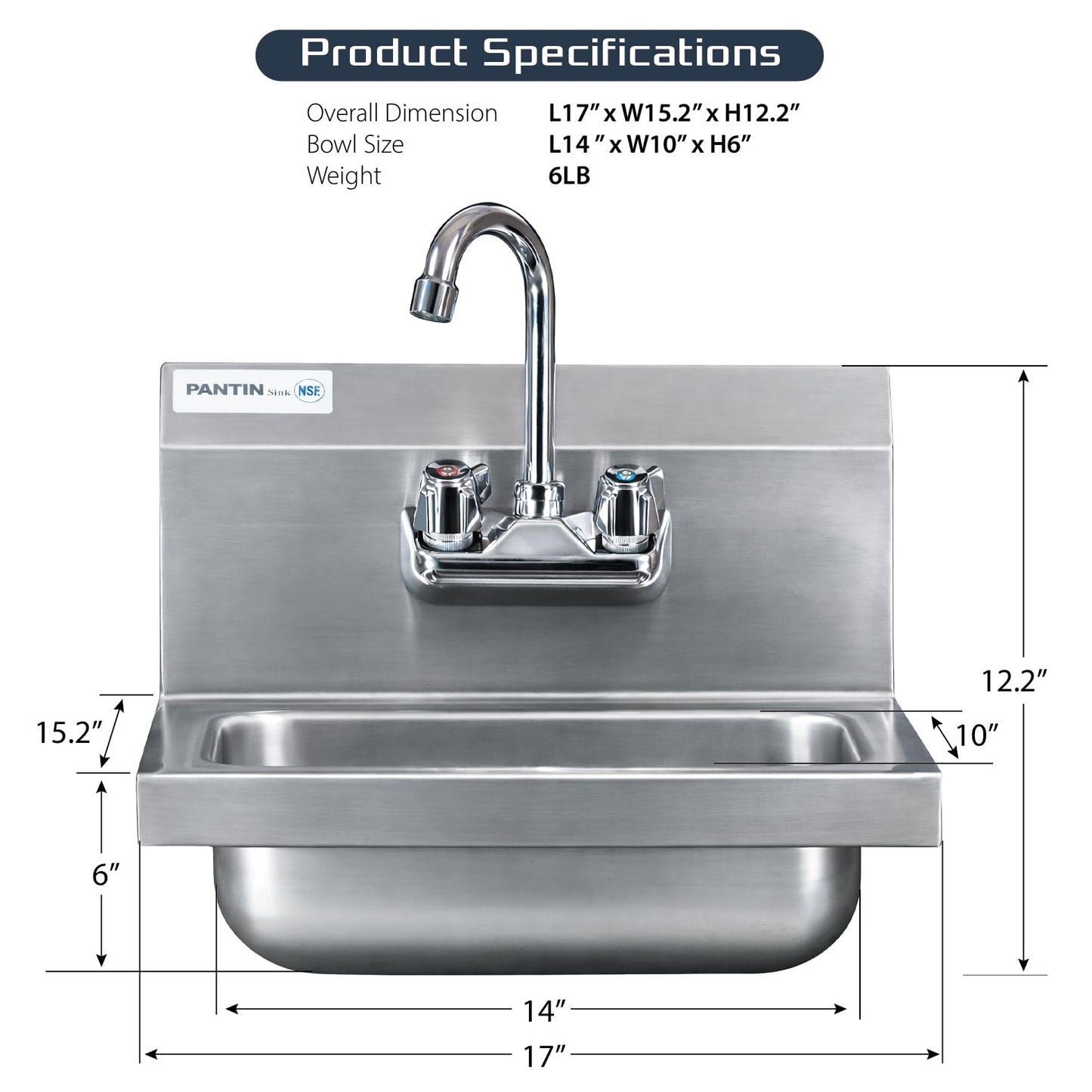 Pantin Commercial Hand Sink, NSF Commercial Stainless Steel Wall Mount Hand Washing Sink with Gooseneck Faucet for Restaurant, Kitchens, Bar, Home, 17"x 15", TP-8000A