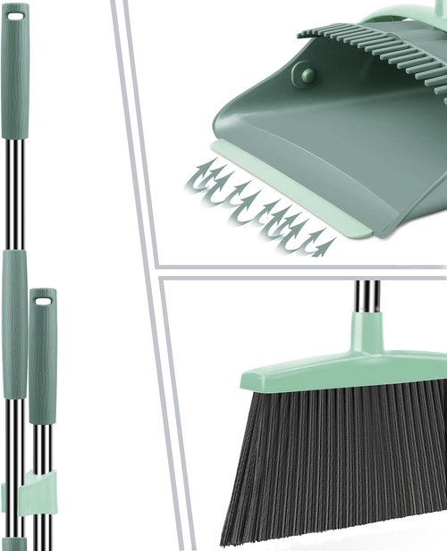 Ivandar Broom and Dustpan Set - Long Handle Combo for Easy Sweeping | Gray & Green