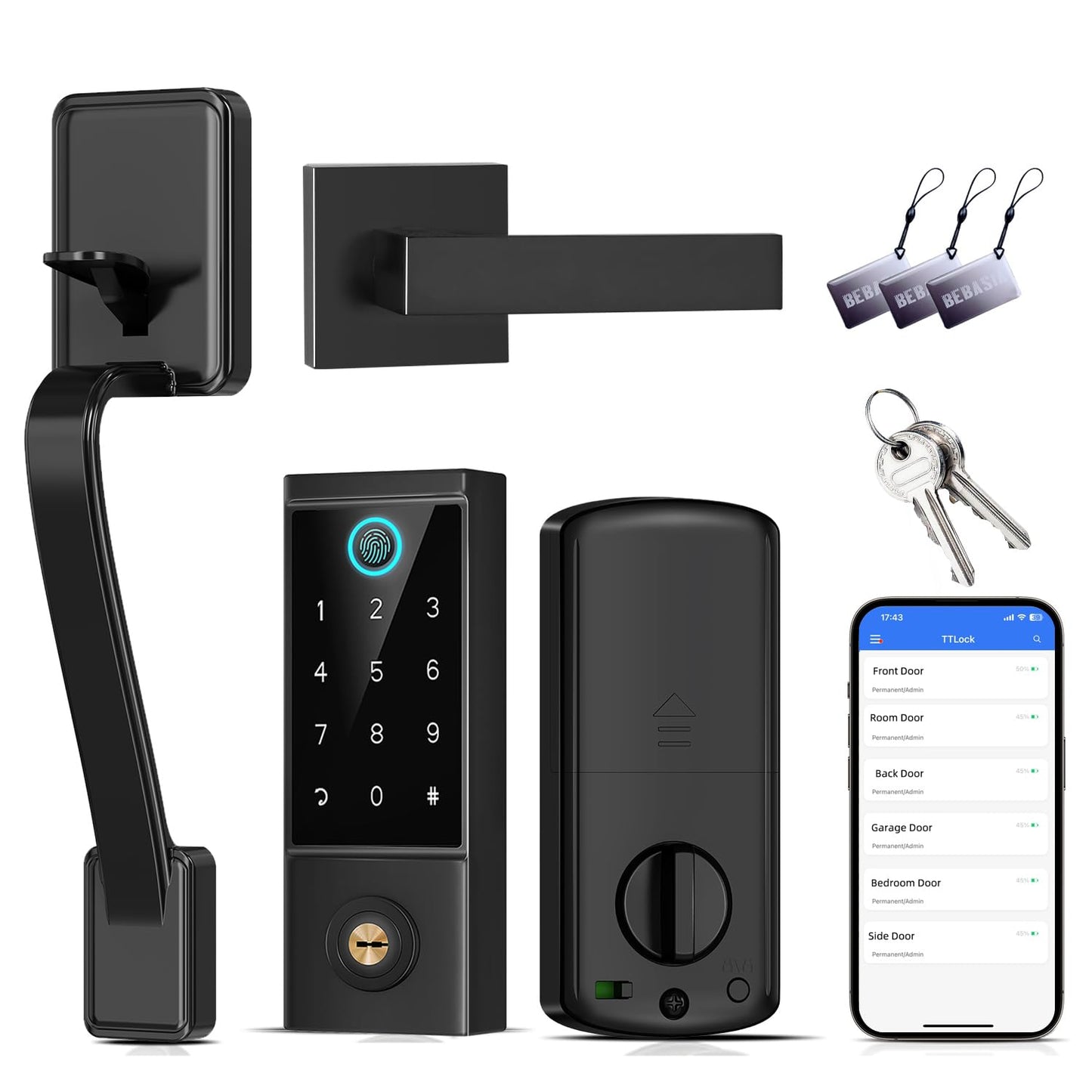 BEBASIA Heavy Duty Fingerprint Smart Door Lock for Front Door, APP Control Front Door Lock Sets, Auto Lock, Anti-Peeping Touchscreen Digital Keypad, Electronic Keyless Entry Deadbolt, Black