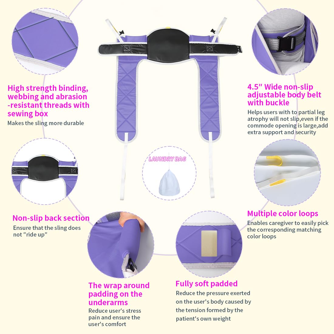EZ Assistive Soft Foam Pad Transfer Lift Sling,Patient Lift Sling for Elderly/Disabled/Handicap Shower Bath or Toileting,1pc Laundry Bag (Large Without Head Support)