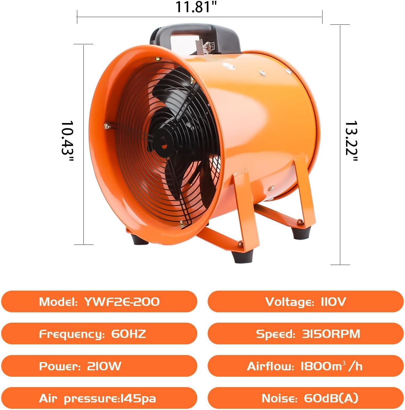 dreamdragon 8" High-Velocity Portable Utility Blower Fan, Industrial Exhaust Fan with 25ft Flexible Duct Hose, 3150 RPM Low-Noise Ventilator for Basements, Workshops, Warehouses, and Confined Spaces