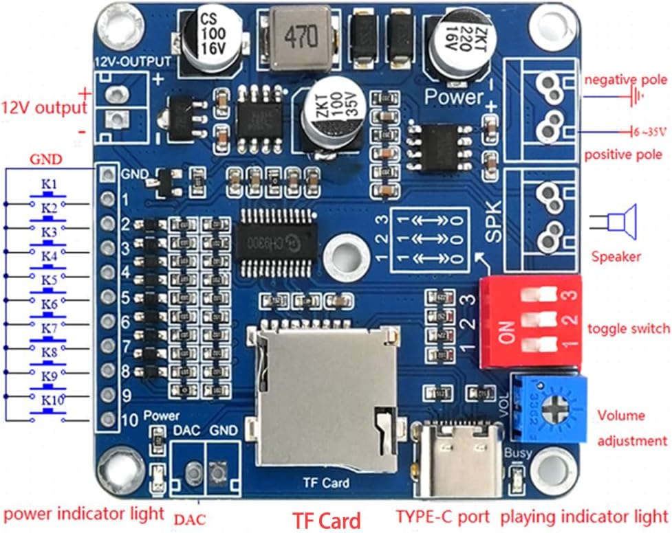 JRGKJCP 20W 32GB MP3 6-35V Programmable 10-Way Voice Playback Module, TF Card Sound Board USB Downloadable Music Player
